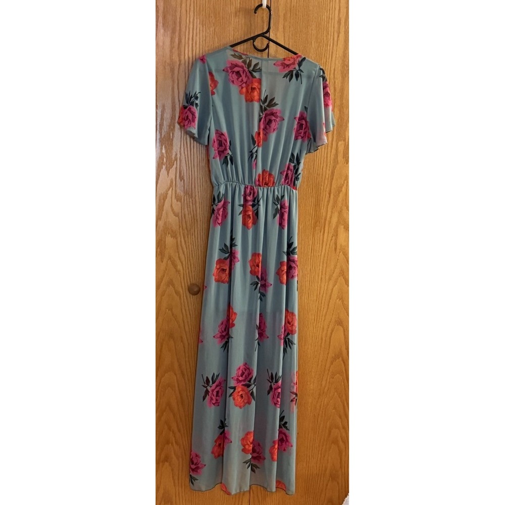 Vintage Charlotte Russe Dress Wm M Green Pink Red Roses Midi to Maxi Faux Wrap - Picture 3 of 9
